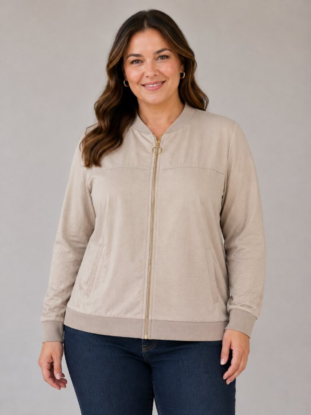 Spense Women's Size L Blush Bomber Jacket Gold Ring Zip Lightweight